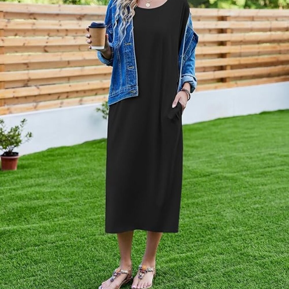 Black Women's Maxi Shirt Dress With Pockets
